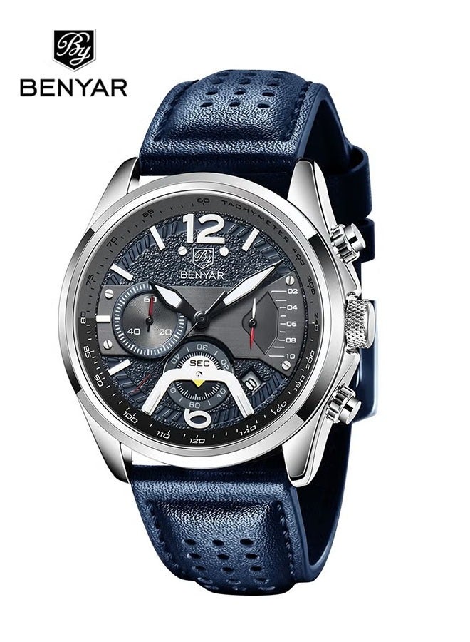 BENYAR Men's Chronograph Waterproof Sports Watches, Leather Strap, Date Function, Quartz Movement, Black - Image 1