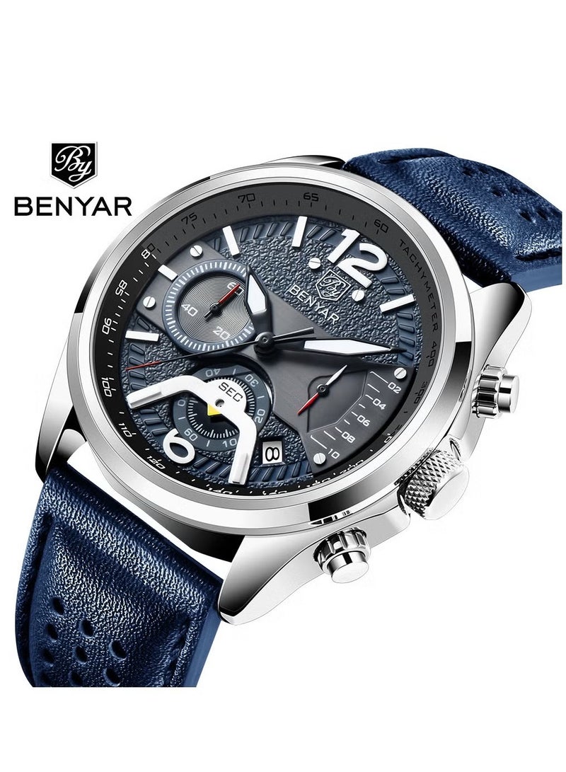 BENYAR Men's Chronograph Waterproof Sports Watches, Leather Strap, Date Function, Quartz Movement, Black - Image 2