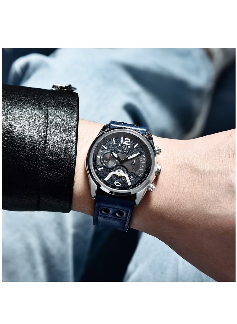 BENYAR Men's Chronograph Waterproof Sports Watches, Leather Strap, Date Function, Quartz Movement, Black - Image 3