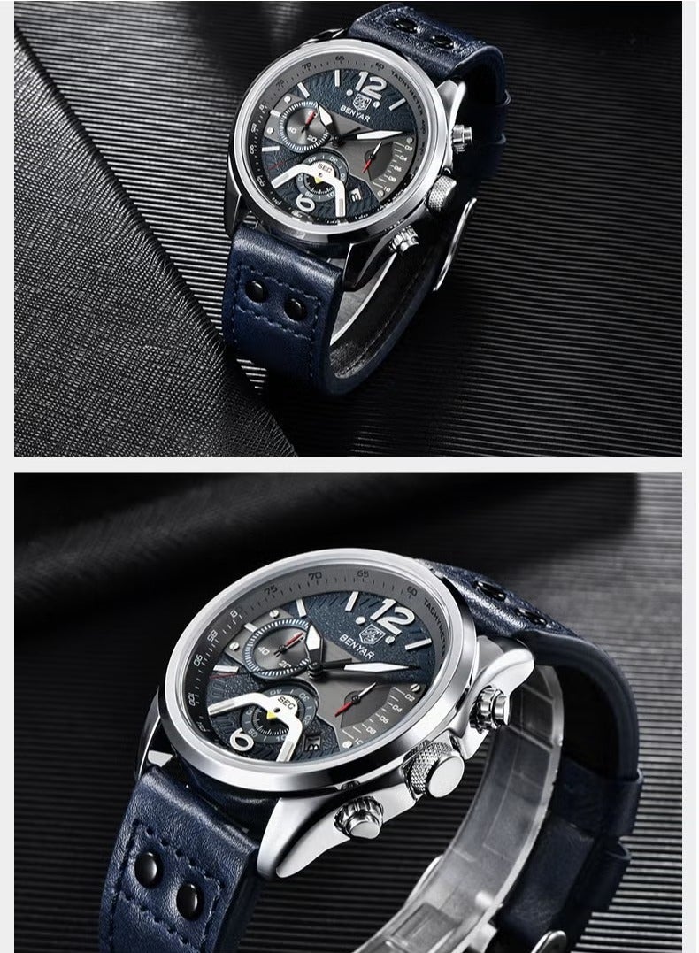 BENYAR Men's Chronograph Waterproof Sports Watches, Leather Strap, Date Function, Quartz Movement, Black - Image 4