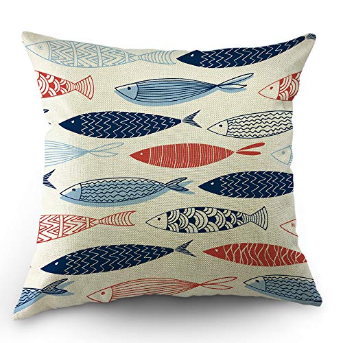 Moslion Fish Pillows Decorative Throw Pillow Cover Fish in The Ocean Pillow Case 18x18 Inch Cotton Linen Square Cushion Cover for Sofa Bed Blue Red