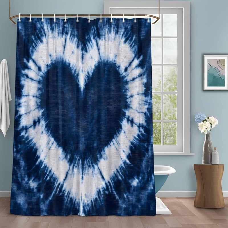 Heart Shape Tie-dye Shower Curtain with 12 Hooks Blue Watercolor Retro Ethnic Style Waterproof Fabric Shower Curtains Sets for Bathroom Bath Decorations, Machine Washable, 72"x72" - Image 1