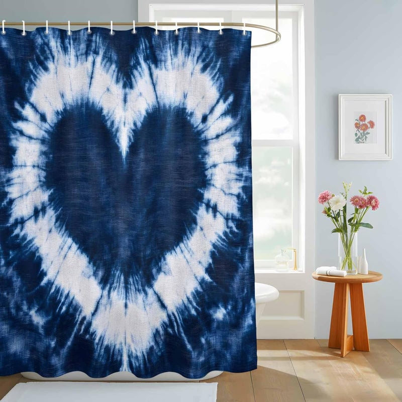 Heart Shape Tie-dye Shower Curtain with 12 Hooks Blue Watercolor Retro Ethnic Style Waterproof Fabric Shower Curtains Sets for Bathroom Bath Decorations, Machine Washable, 72"x72" - Image 3