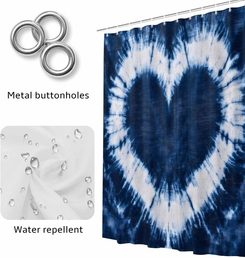 Heart Shape Tie-dye Shower Curtain with 12 Hooks Blue Watercolor Retro Ethnic Style Waterproof Fabric Shower Curtains Sets for Bathroom Bath Decorations, Machine Washable, 72"x72" - Image 4