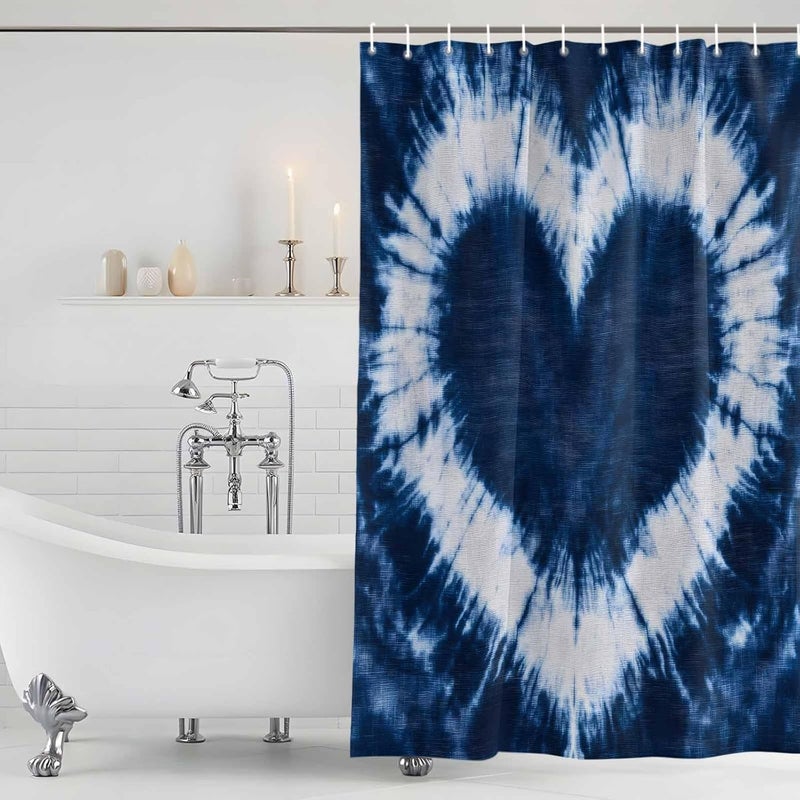 Heart Shape Tie-dye Shower Curtain with 12 Hooks Blue Watercolor Retro Ethnic Style Waterproof Fabric Shower Curtains Sets for Bathroom Bath Decorations, Machine Washable, 72"x72" - Image 5