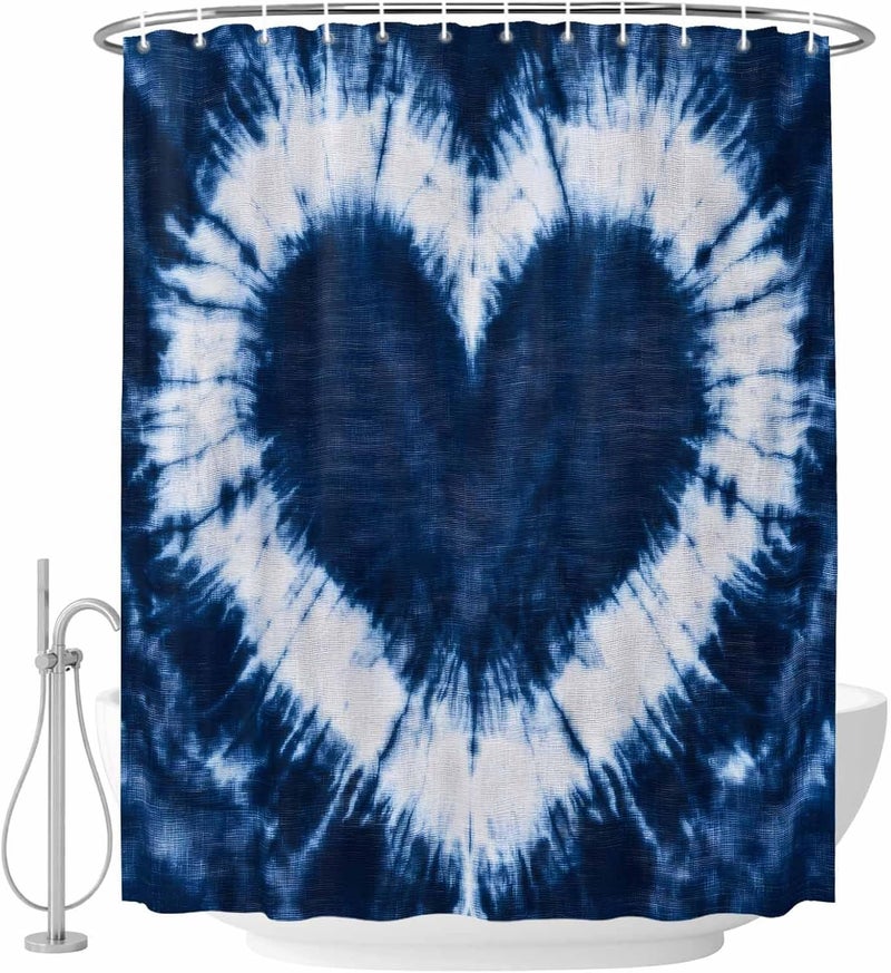 Heart Shape Tie-dye Shower Curtain with 12 Hooks Blue Watercolor Retro Ethnic Style Waterproof Fabric Shower Curtains Sets for Bathroom Bath Decorations, Machine Washable, 72"x72" - Image 2
