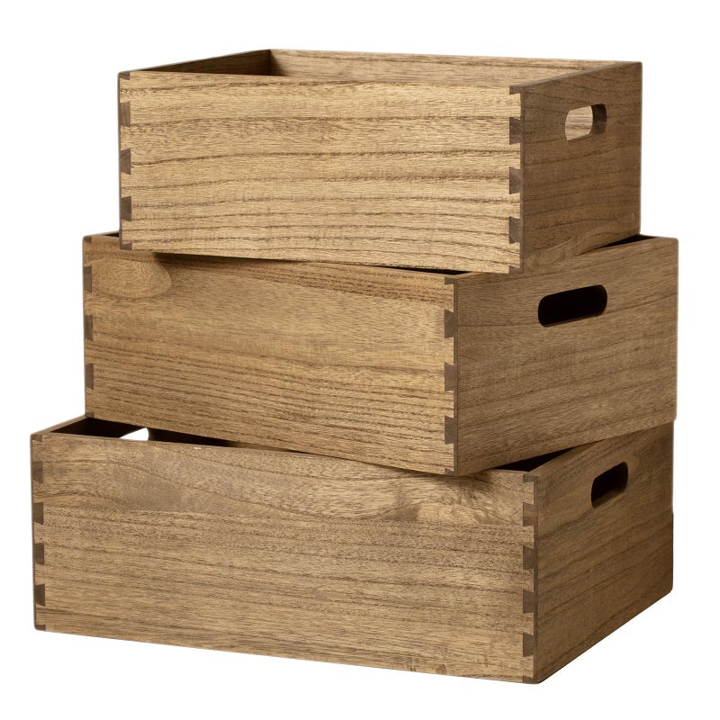 KIRIGEN Nesting Wooden Crates with Portable Handles for Home Organizer  Wood Rustic Decor Farmhouse Boxes  Basket Rolling Trays set of 3 Dark Brown
