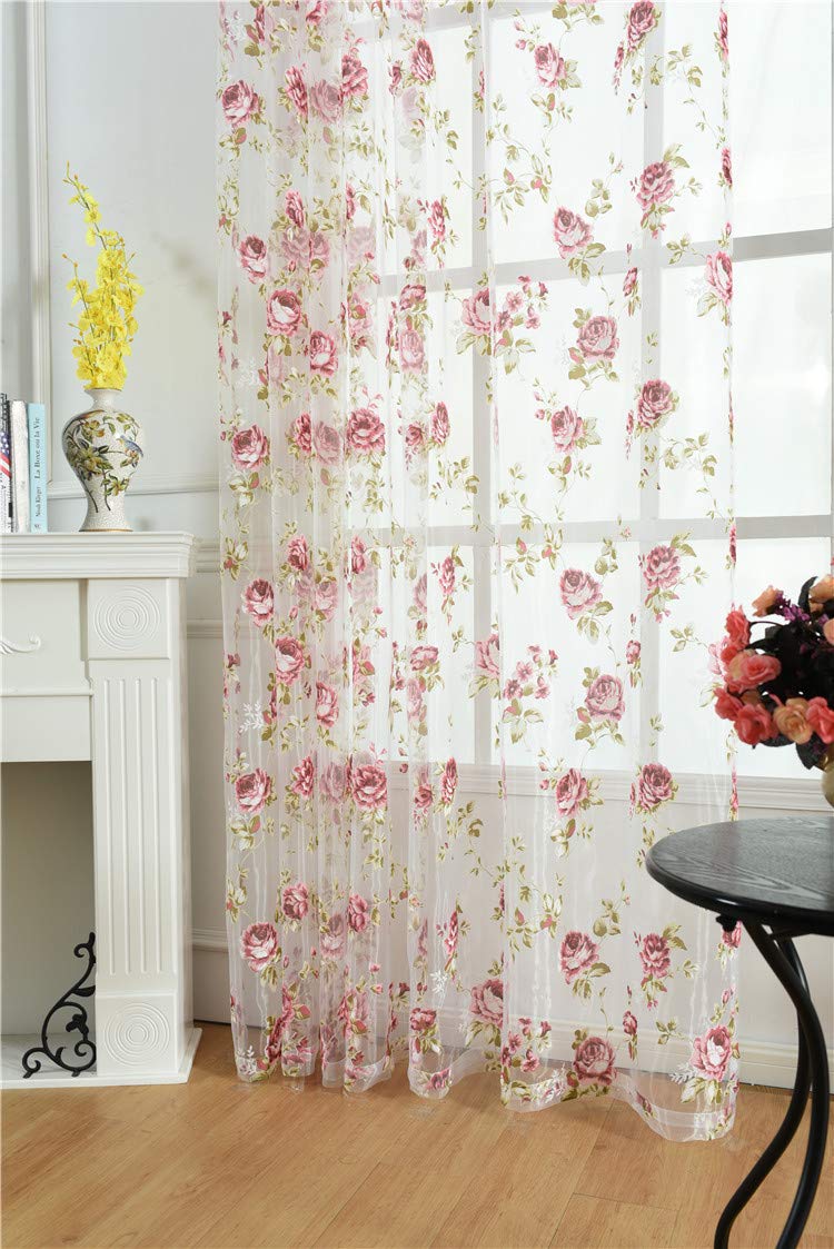 Kolachic Rod Pocket Top Rose Floral Sheer Voile Curtain, Pink Flower Tulle Transparent Window Treatment for Living Room Bedroom Glass Door, 54 by 96 Inch Each, 1 Set of 2 Panels â€¦ - Image 2