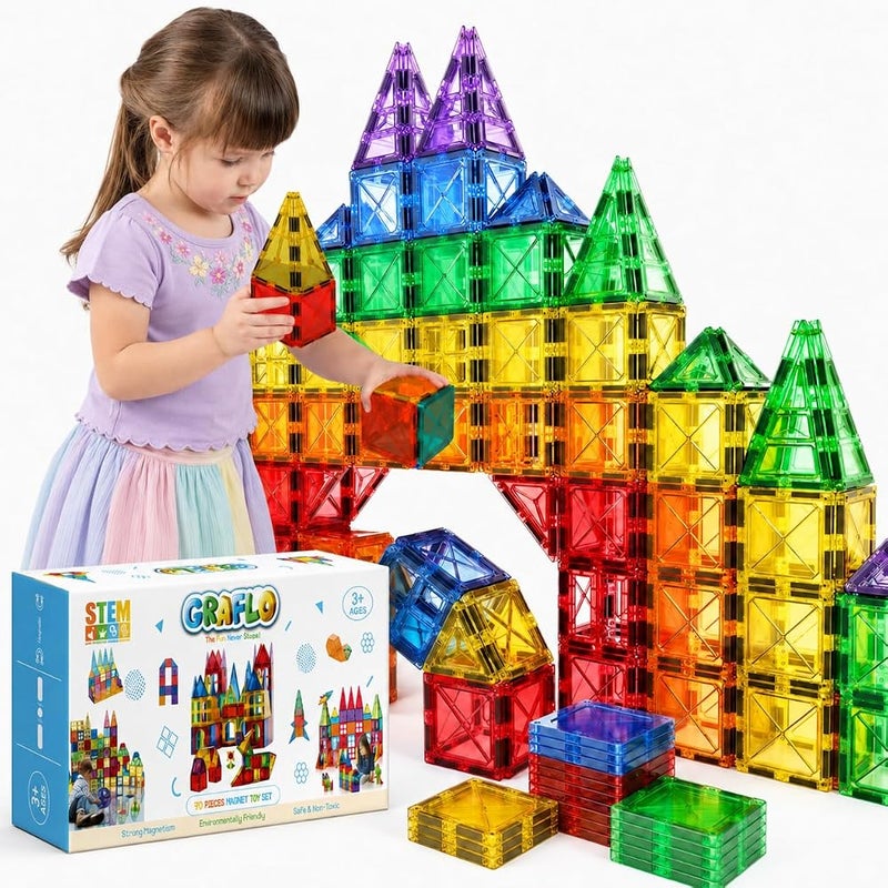 GRAFLO Magnetic Tiles 70 Pcs Building & Construction Set Vibrant 3D Building Toys - Magnetic Tiles for Kids - STEM Toy - Magnet Puzzles Stacking Blocks for Boys Girls - Ages 3-10 - Image 1