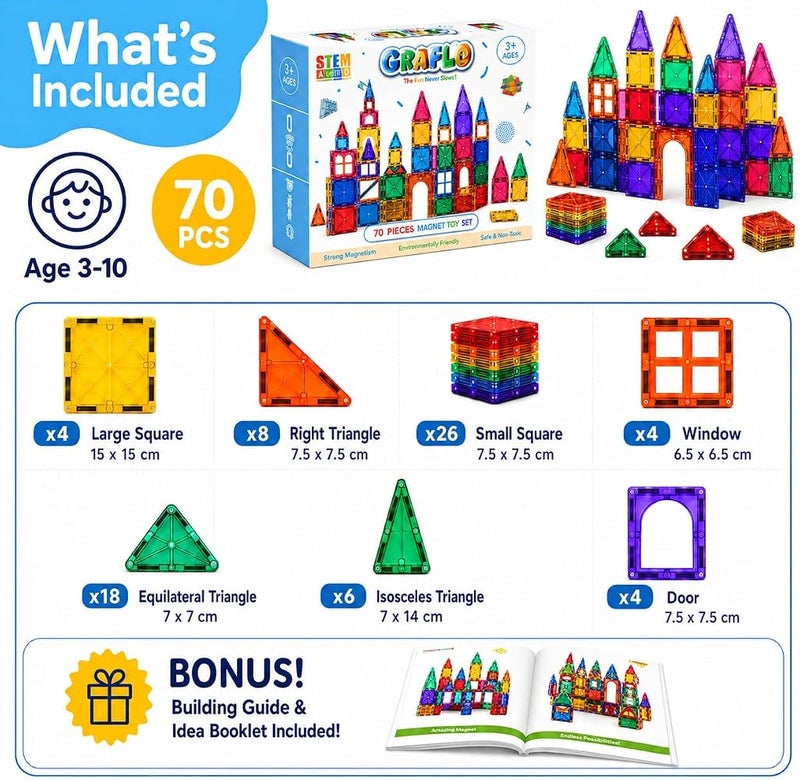 GRAFLO Magnetic Tiles 70 Pcs Building & Construction Set Vibrant 3D Building Toys - Magnetic Tiles for Kids - STEM Toy - Magnet Puzzles Stacking Blocks for Boys Girls - Ages 3-10 - Image 3