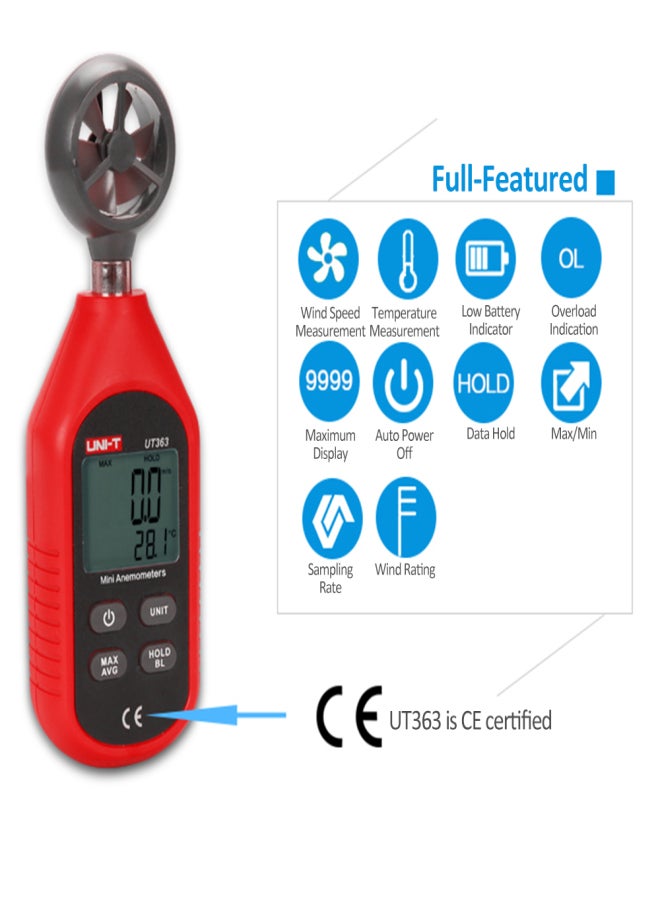 يوني تي UT363 جهاز قياس سرعة الرياح الرقمي المحمول الصغير، جهاز اختبار درجة الحرارة، شاشة LCD، سرعة تدفق الهواء، مستوى الرياح 0~12 - Image 5