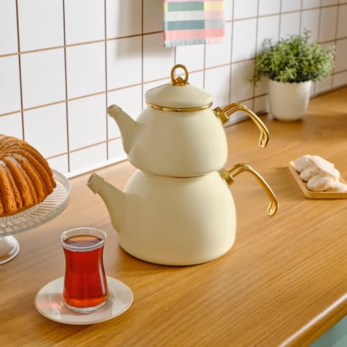 Karaca Retro Teapot Set Cream, Enamel, Teapot/Lid (1.1 lt, 2.4 lb), Tea Kettle (2.3 lt, 5 lb), Titanium Coated Handles, Suitable for Induction - Image 2