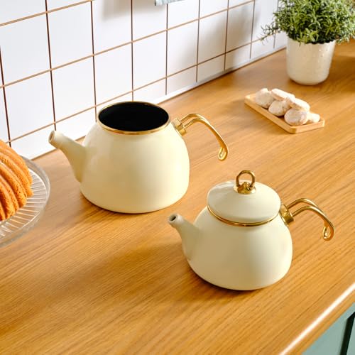 Karaca Retro Teapot Set Cream, Enamel, Teapot/Lid (1.1 lt, 2.4 lb), Tea Kettle (2.3 lt, 5 lb), Titanium Coated Handles, Suitable for Induction - Image 3