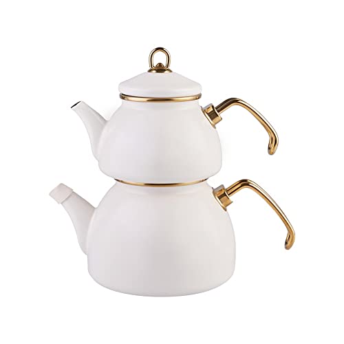 Karaca Retro Teapot Set Cream, Enamel, Teapot/Lid (1.1 lt, 2.4 lb), Tea Kettle (2.3 lt, 5 lb), Titanium Coated Handles, Suitable for Induction - Image 1