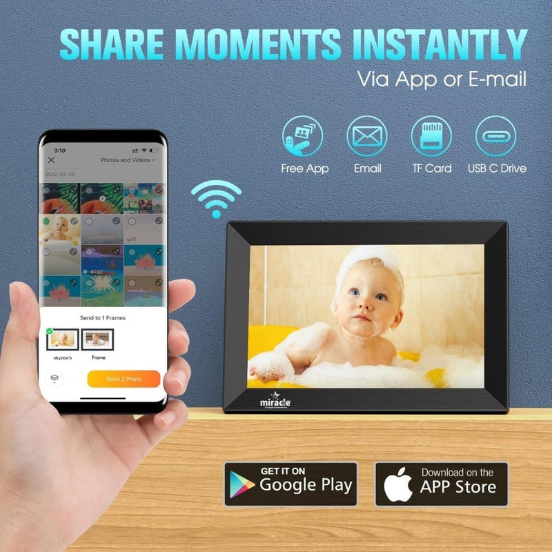 miracle digital FRAMEO Digital Photo Frame, 10.1 Inch Wi-Fi Digital Picture Frame with 1280x800 IPS Touch Screen, Built-in 32GB Storage, Easy to Share Photos or Videos via Frameo App Auto-Rotate (Black) - Image 5