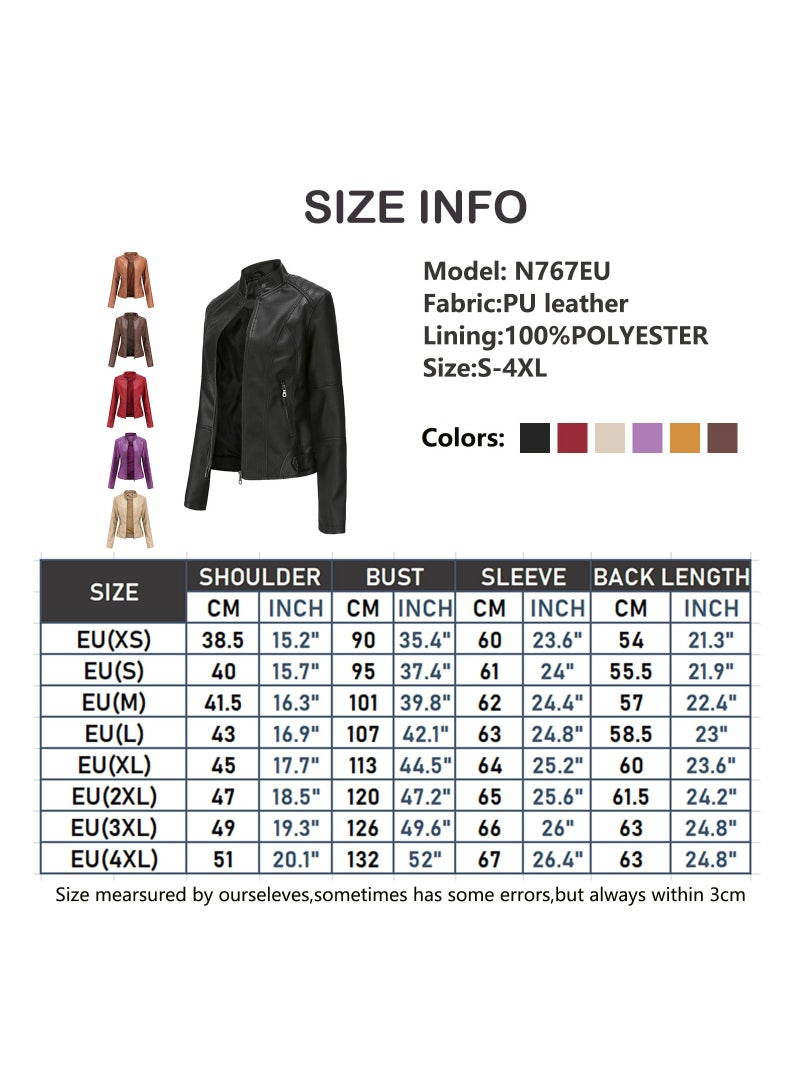 Loquat جاكيت جلدي نسائي بقصّة Slim Fit جاكيت جلدي رفيع بقصة دراجة نارية وياقة قائمة باللون الأحمر  - Image 3