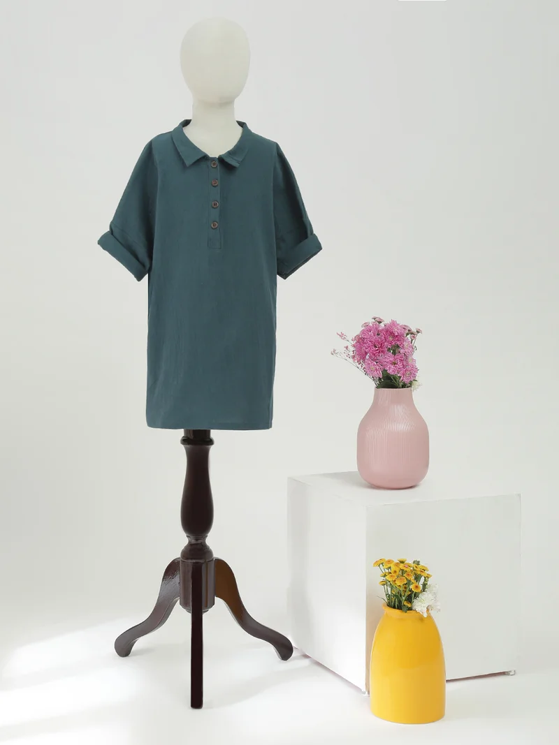 globus Globus Girls Green Collared Neck Short Sleeves A-Line Straight Hem Mini Dress