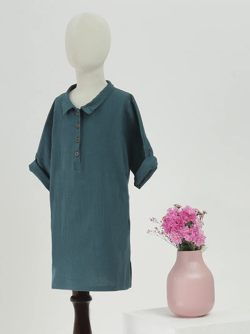 جلو باص Globus Girls Green Collared Neck Short Sleeves A-Line Straight Hem Mini Dress