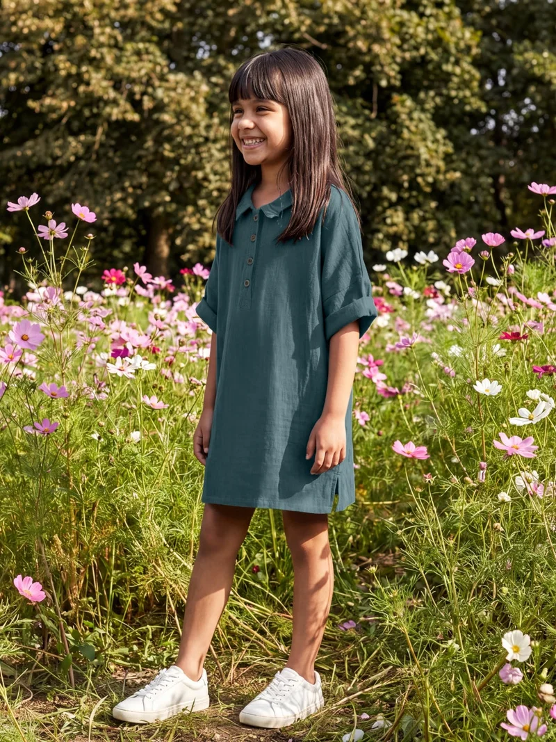 globus Globus Girls Green Collared Neck Short Sleeves A-Line Straight Hem Mini Dress