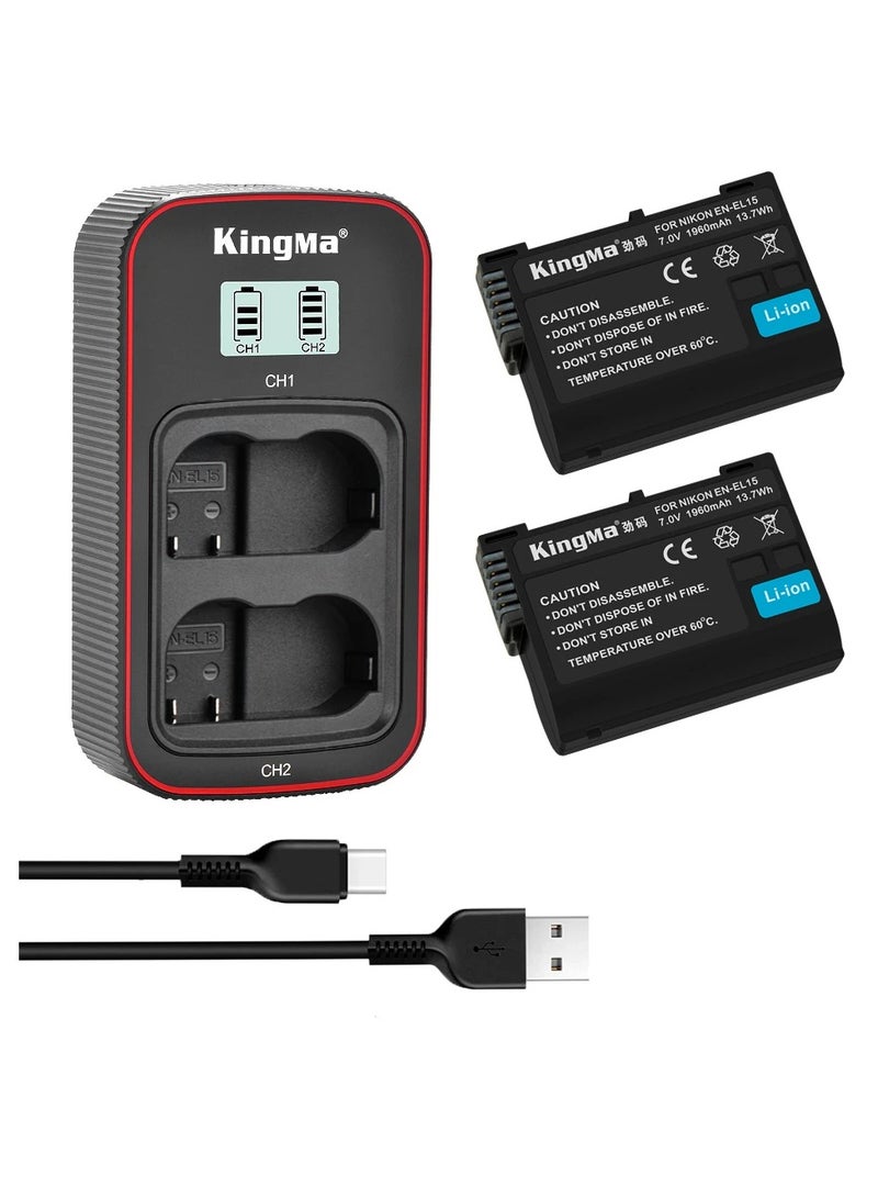 KingMa EN-EL15 EN EL15 Battery LCD USB Dual Charger with 2 Batteries Kit Replecement Battery and Charger For Nikon Z5 Z6 Z6II Z7 Z7II D500 D600 D610 D750 D780 D800 D800E D810 - Image 1