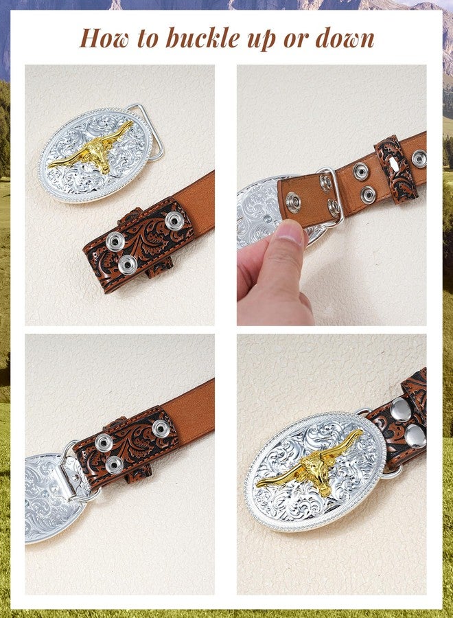 Kajeer Kids Western Belt for Boys Girls, Cowboy Genuine Leather Embossed Western Longhorn Bull Buckle Belts for Jeans, Bull Buckle/Coffee, for Wasit 29"-34" - Image 3