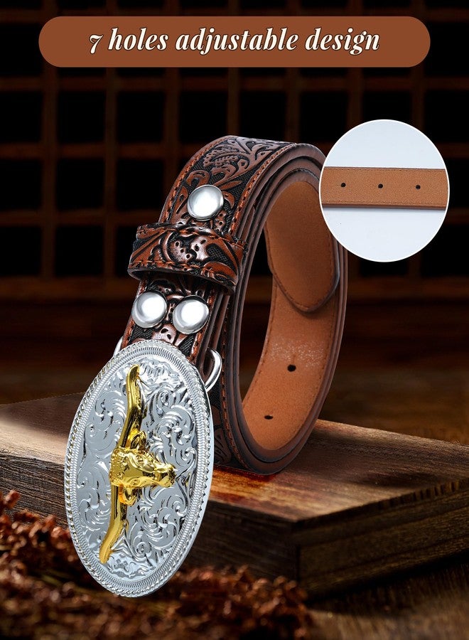 Kajeer Kids Western Belt for Boys Girls, Cowboy Genuine Leather Embossed Western Longhorn Bull Buckle Belts for Jeans, Bull Buckle/Coffee, for Wasit 29"-34" - Image 4