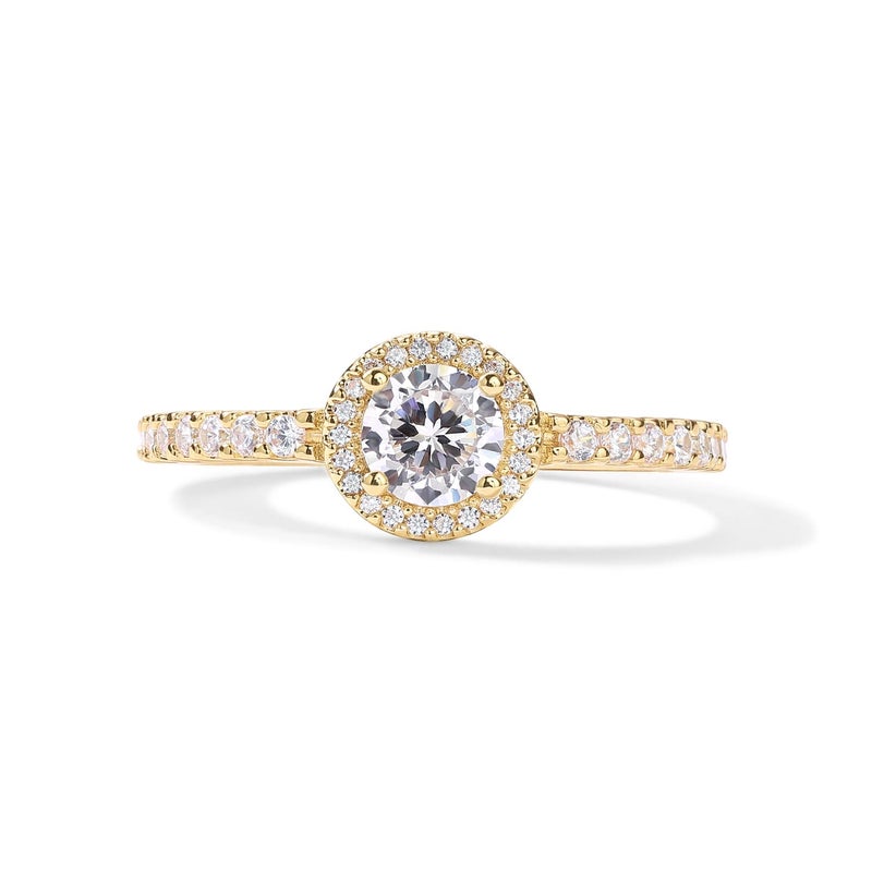 PAVOI 14K Gold Plated 5mm Round Halo Ring for Women | Promise Rings for Her (White Gold, 7) - Image 1