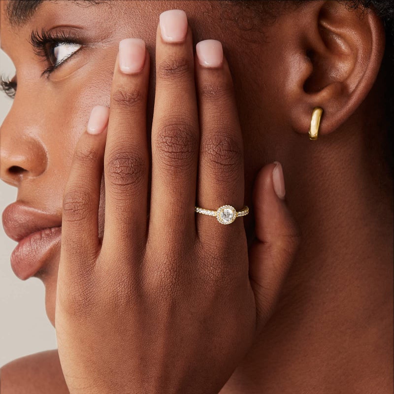 PAVOI 14K Gold Plated 5mm Round Halo Ring for Women | Promise Rings for Her (White Gold, 7) - Image 2