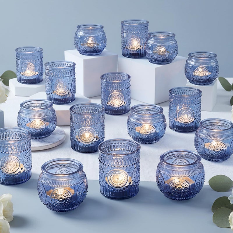 LAMORGIFT 36 Pcs Blue Votive Candle Holders Bulk- Assorted Floral Tea Light Candle Holders for Wedding Table Decor, Blue Centerpieces for Wedding, Bridal Shower, Baby Shower Decorations - Image 1