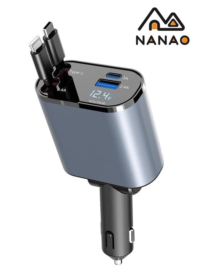 NANAO Retractable Car Charger 4 in 1 Fast Car Phone Charger 120 W, Retractable Cables and USB Car Charger Compatible with iPhone 15/14/13/12/11 - Image 1
