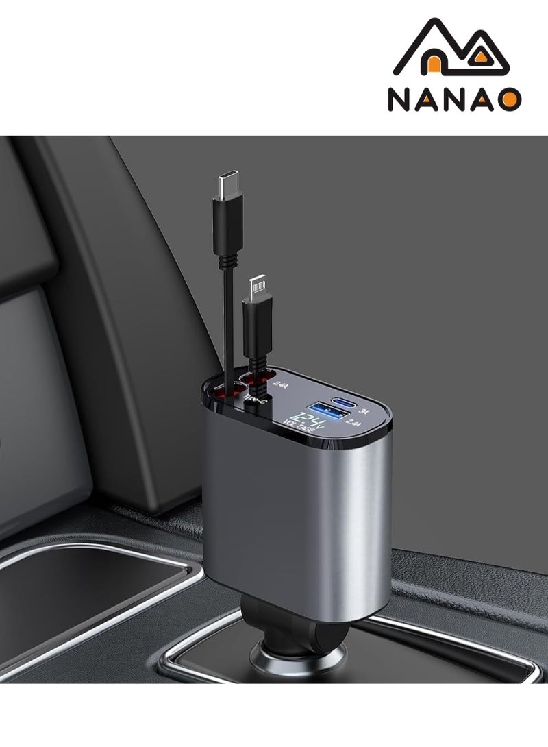NANAO Retractable Car Charger 4 in 1 Fast Car Phone Charger 120 W, Retractable Cables and USB Car Charger Compatible with iPhone 15/14/13/12/11 - Image 5