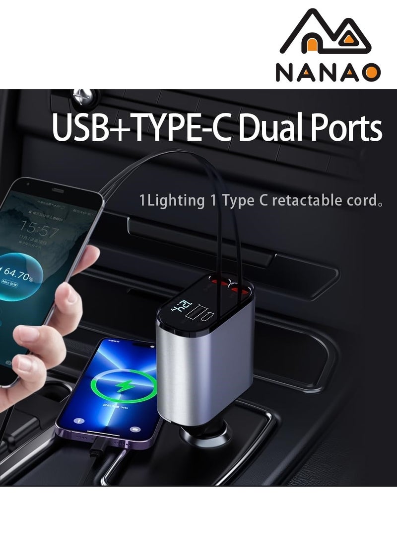 NANAO Retractable Car Charger 4 in 1 Fast Car Phone Charger 120 W, Retractable Cables and USB Car Charger Compatible with iPhone 15/14/13/12/11 - Image 3