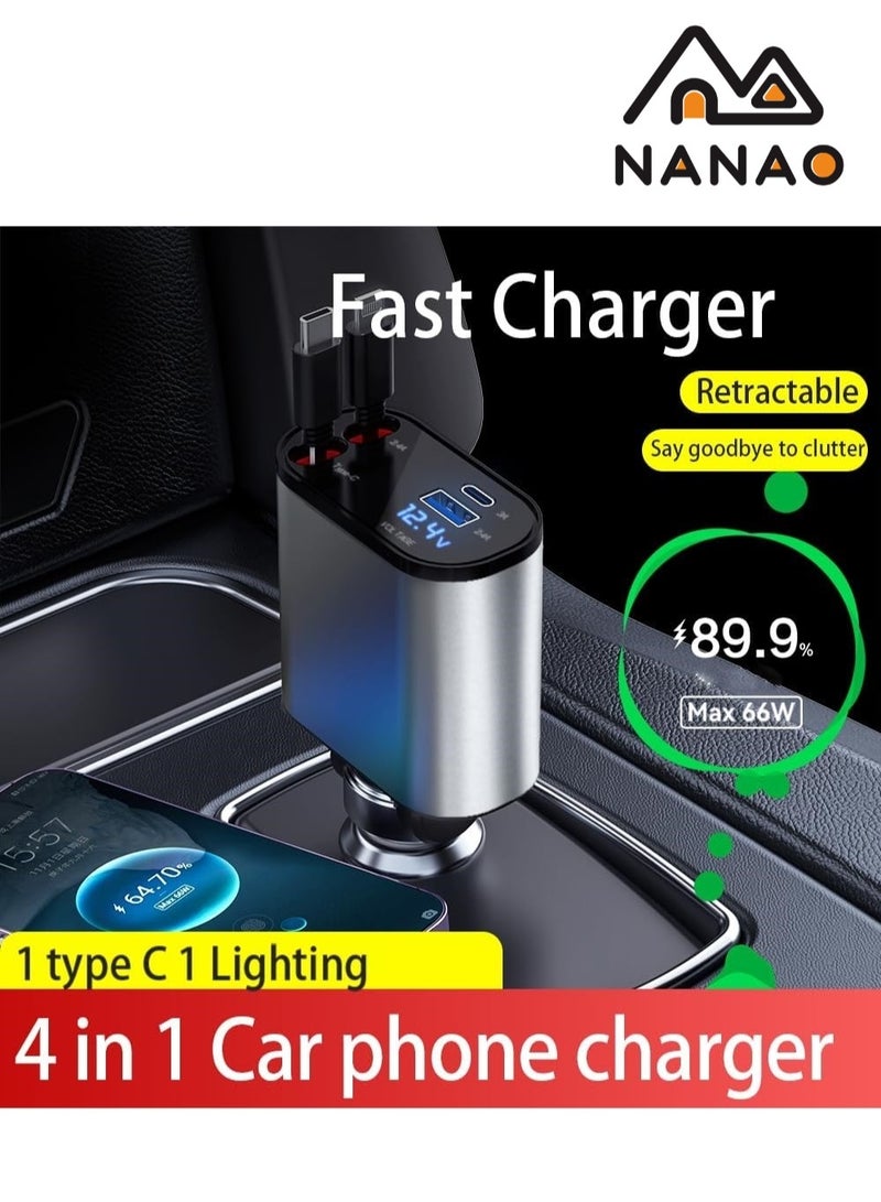 NANAO Retractable Car Charger 4 in 1 Fast Car Phone Charger 120 W, Retractable Cables and USB Car Charger Compatible with iPhone 15/14/13/12/11 - Image 2