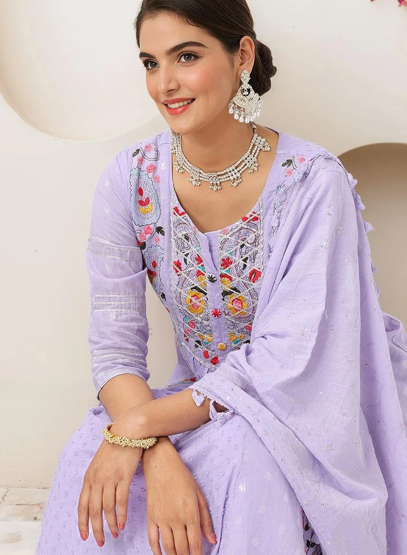 ISHIN Women's Lilac 100% Cotton Embellished Tunic Full Length Casual Straight Fit Kurta Set