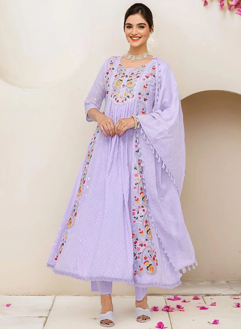 ISHIN Women's Lilac 100% Cotton Embellished Tunic Full Length Casual Straight Fit Kurta Set
