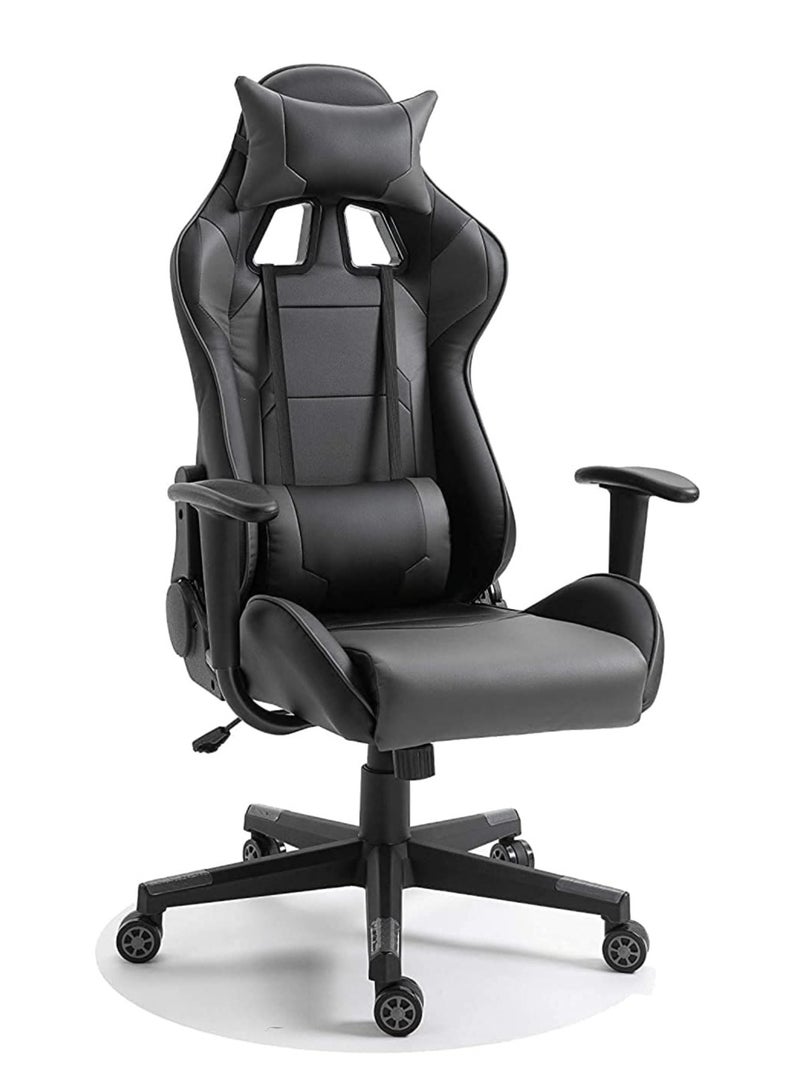 Leather Adjustable Gaming Chair – Ergonomic High Back with Lumbar Support, Adjustable Neck Pillow, Steel Frame, Strong Nylon Base for Home & Office (Grey/Black) - Image 1
