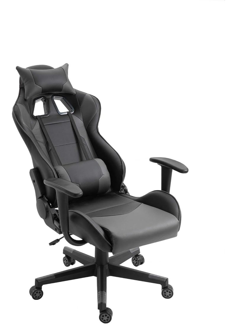 Leather Adjustable Gaming Chair – Ergonomic High Back with Lumbar Support, Adjustable Neck Pillow, Steel Frame, Strong Nylon Base for Home & Office (Grey/Black) - Image 3