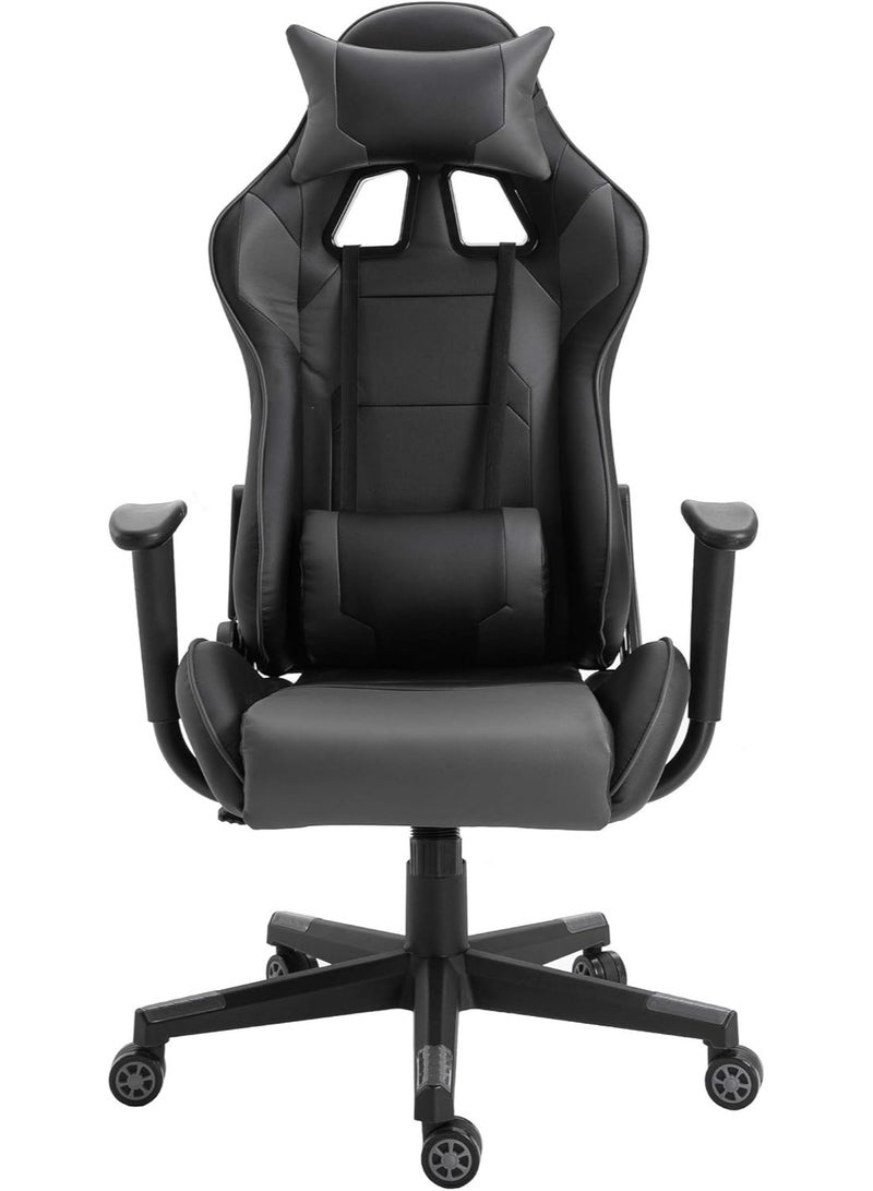 Leather Adjustable Gaming Chair – Ergonomic High Back with Lumbar Support, Adjustable Neck Pillow, Steel Frame, Strong Nylon Base for Home & Office (Grey/Black) - Image 4