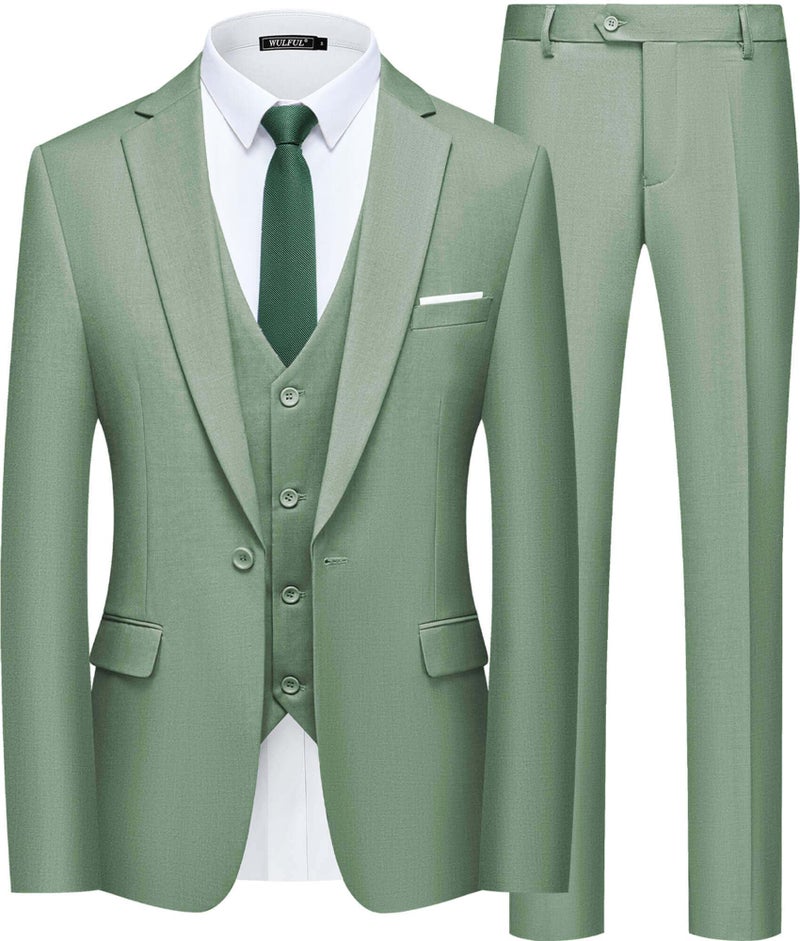 WULFUL Menâ€™s Slim Fit Suit One Button 3-Piece Blazer Dress Business Wedding Party Jacket Vest & Pant - Image 1