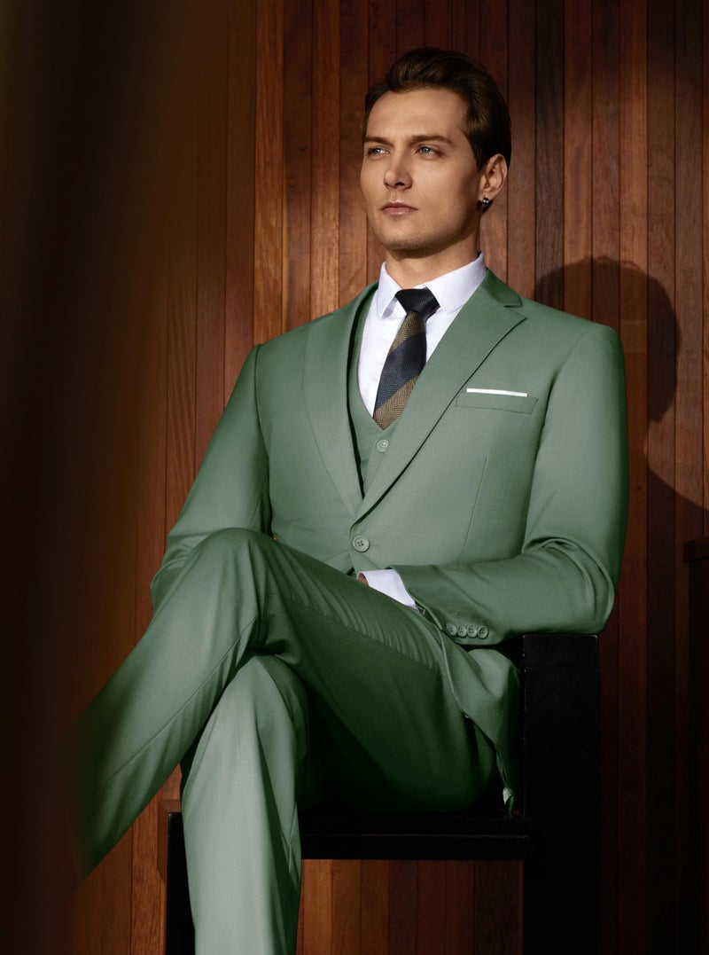 WULFUL Menâ€™s Slim Fit Suit One Button 3-Piece Blazer Dress Business Wedding Party Jacket Vest & Pant - Image 3