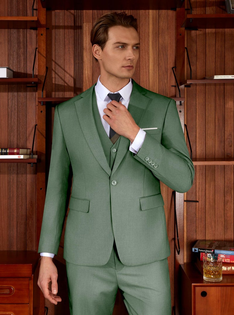 WULFUL Menâ€™s Slim Fit Suit One Button 3-Piece Blazer Dress Business Wedding Party Jacket Vest & Pant - Image 2