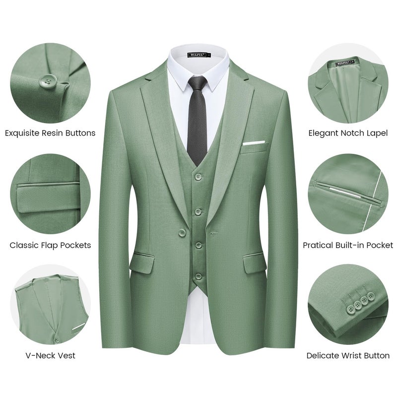 WULFUL Menâ€™s Slim Fit Suit One Button 3-Piece Blazer Dress Business Wedding Party Jacket Vest & Pant - Image 5
