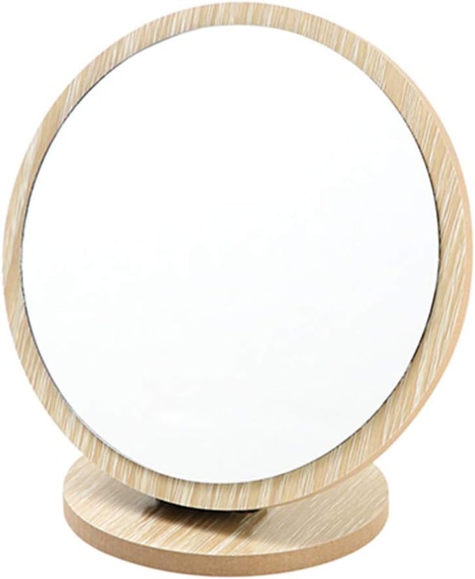 ROUND COMPACT TABLE MIRROR - STANDING WOOD FRAMED, 90 DEGREE ROTATING FOR MAKEUP & COSMETIC