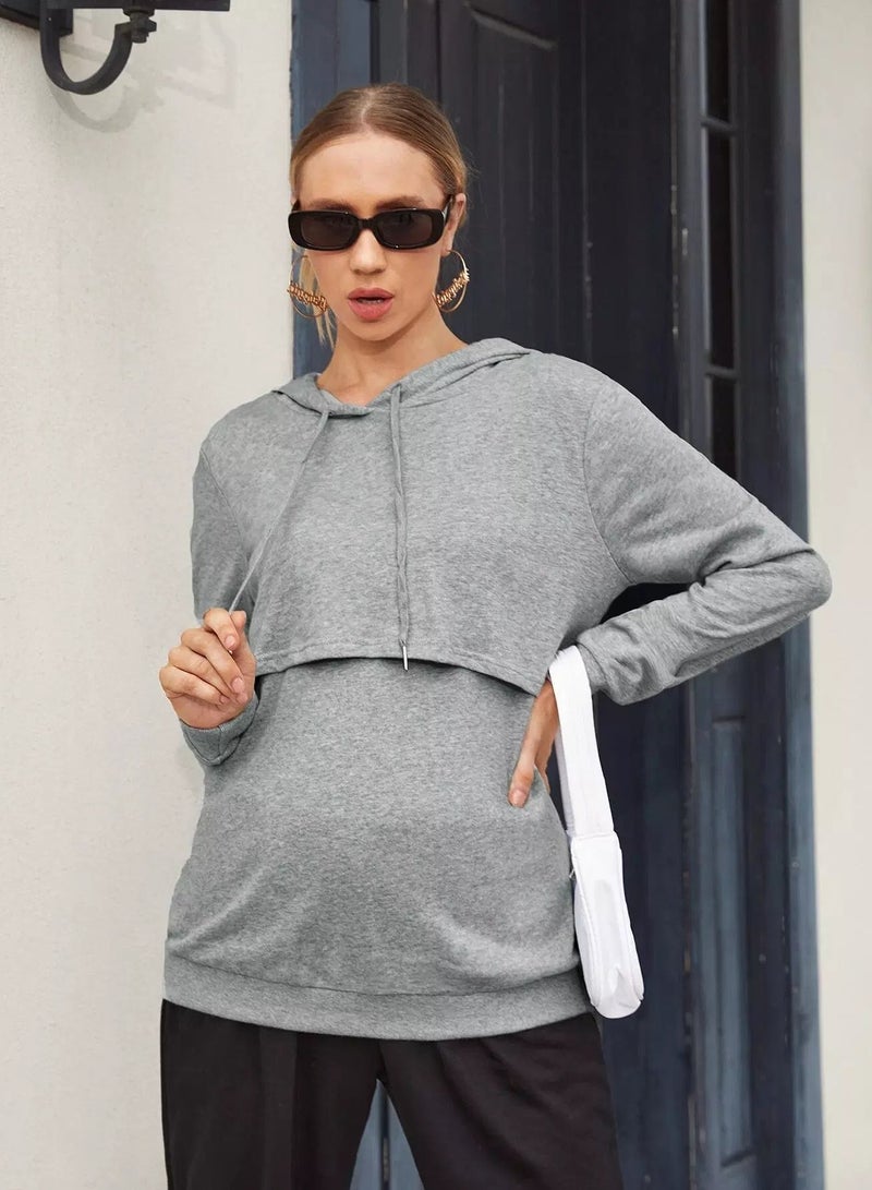 Maternity Drawstring Detail Solid Hoodie - Image 1