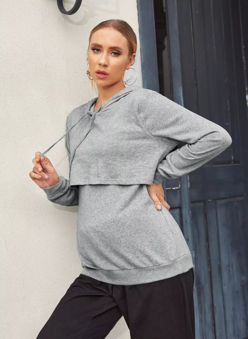 Maternity Drawstring Detail Solid Hoodie - Image 4