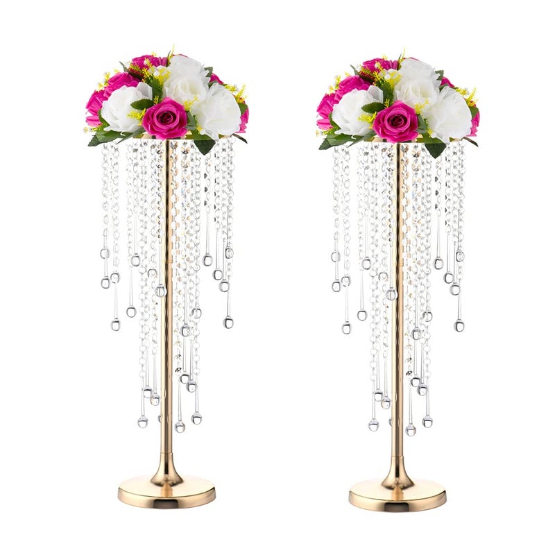 Bigsee 2 Pcs 2165 inches Crystal Flower Stand Wedding Centerpieces for Tables Tabletop Gold Metal Flower Arrangement Holder Elegant Bulk Metal Vases for Reception Party Ceremony Decoration