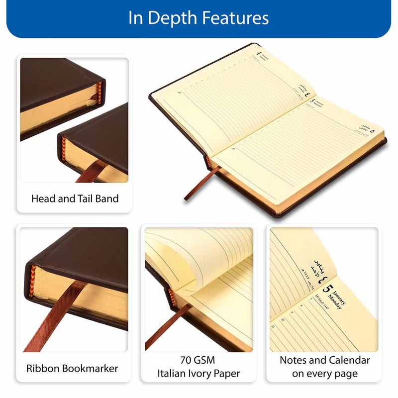 FIS 2026 Golden A5 Diary, 148x210mm, 1 Side Padded Italian PU Cover Materials, Round Corners, Gold Gilded Edges, Arabic/English, 70gsm Italian Ivory Paper, Dark Brown Cover - FSDI19AEG26DBR - Image 5