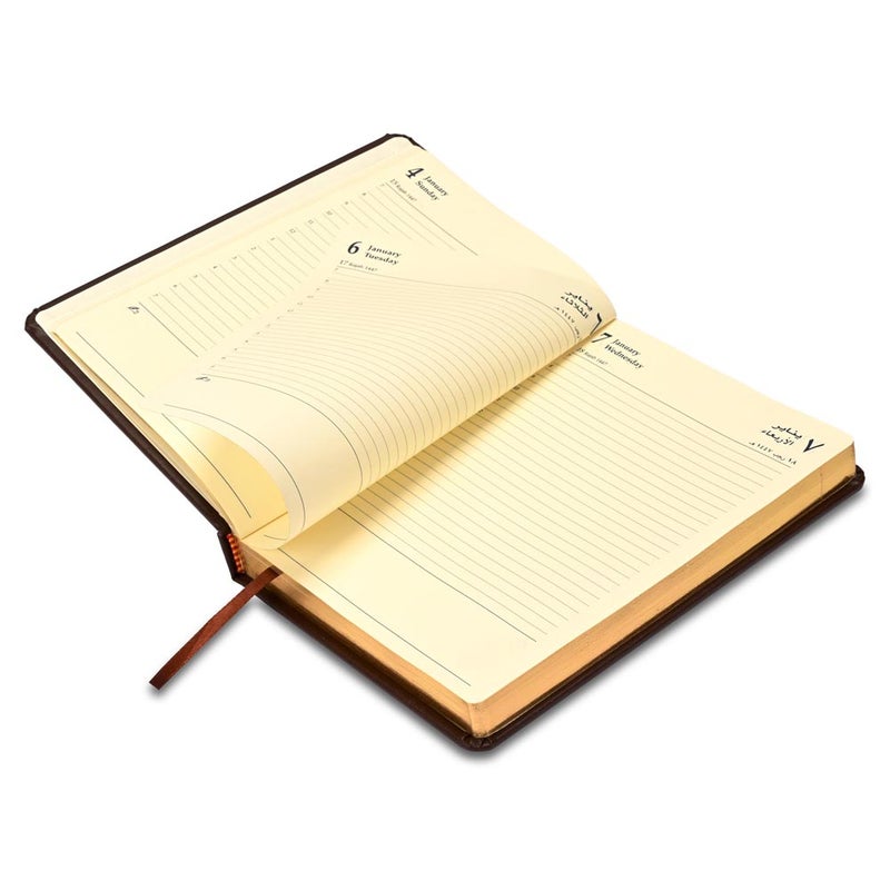 FIS 2026 Golden A5 Diary, 148x210mm, 1 Side Padded Italian PU Cover Materials, Round Corners, Gold Gilded Edges, Arabic/English, 70gsm Italian Ivory Paper, Dark Brown Cover - FSDI19AEG26DBR - Image 4