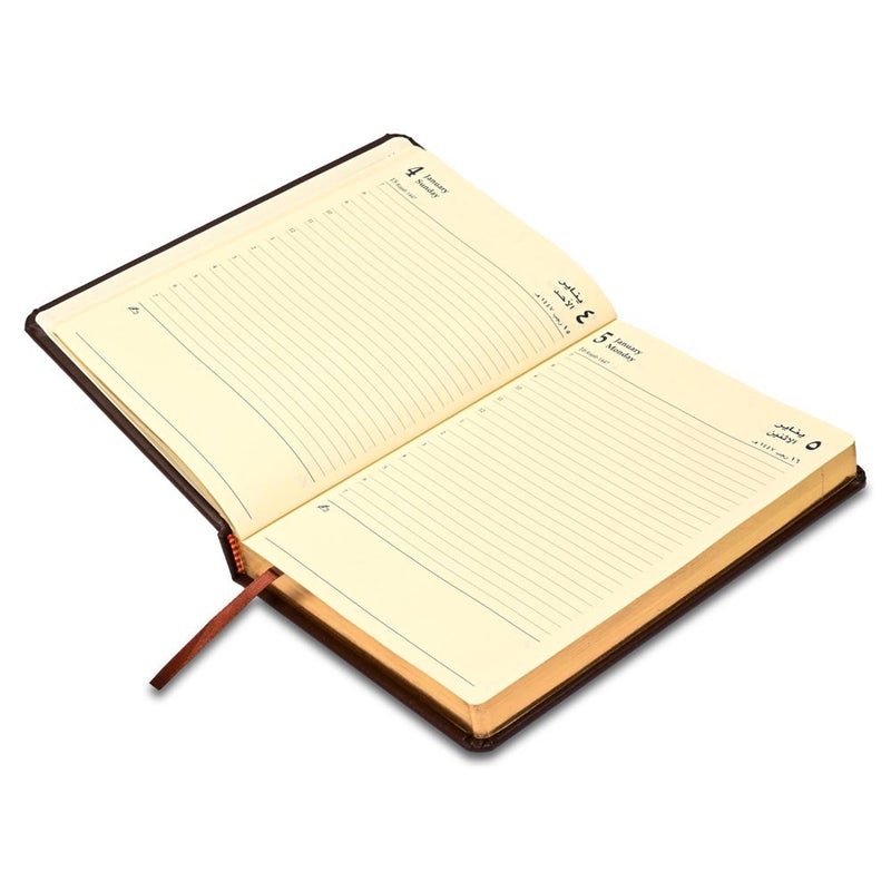 FIS 2026 Golden A5 Diary, 148x210mm, 1 Side Padded Italian PU Cover Materials, Round Corners, Gold Gilded Edges, Arabic/English, 70gsm Italian Ivory Paper, Dark Brown Cover - FSDI19AEG26DBR - Image 3