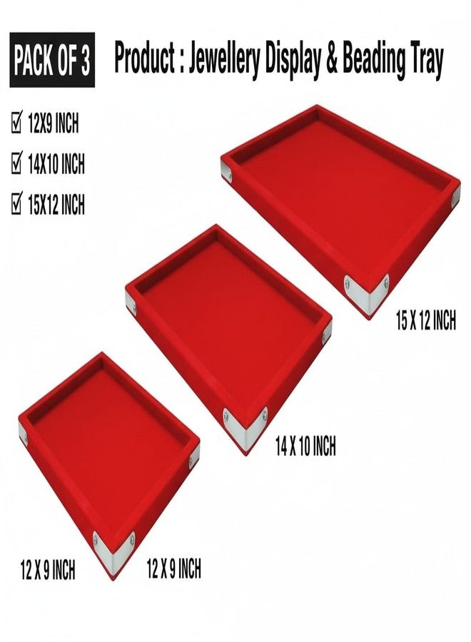 SENTONI Velvet Jewellery Display & Beading Tray(12x9, 14x10, 15x12 Inch) Set of 3 Multipurpose Organizer Trays for Beads, Rings, Earrings & Craft Storage (Red) - Image 2